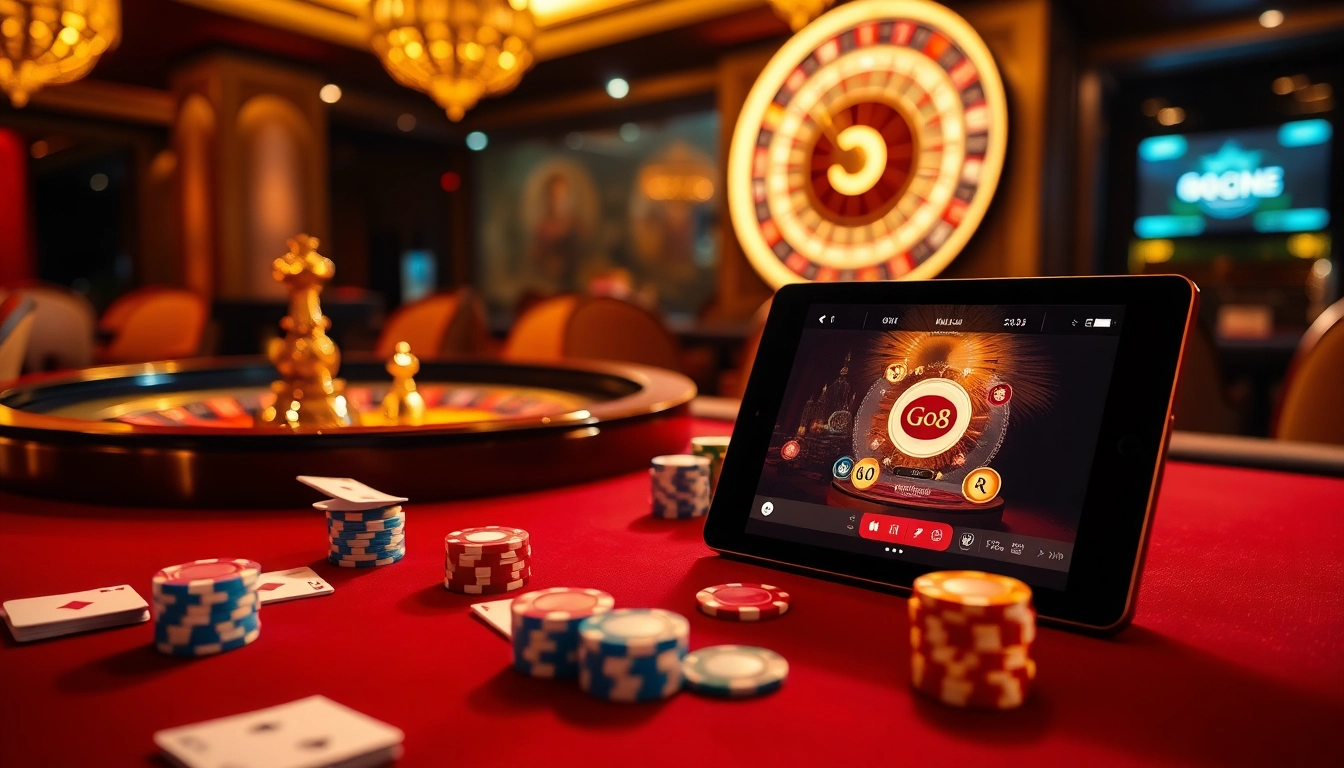 Experience the excitement of game go8 at a luxurious casino table with vibrant poker chips and cards.
