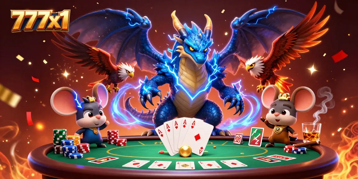 Engage in thrilling poker action at 777x1 with vibrant characters and casino elements.