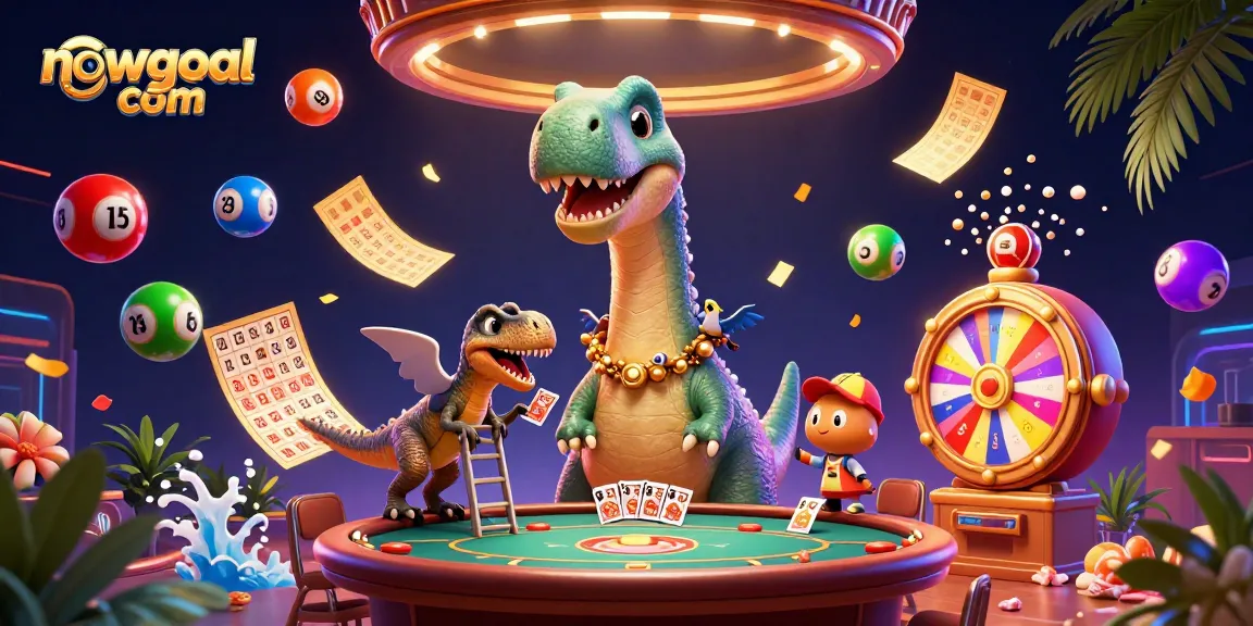 Engage with the vibrant nowgoal com scene featuring a brontosaurus and a raptor in a colorful casino atmosphere.