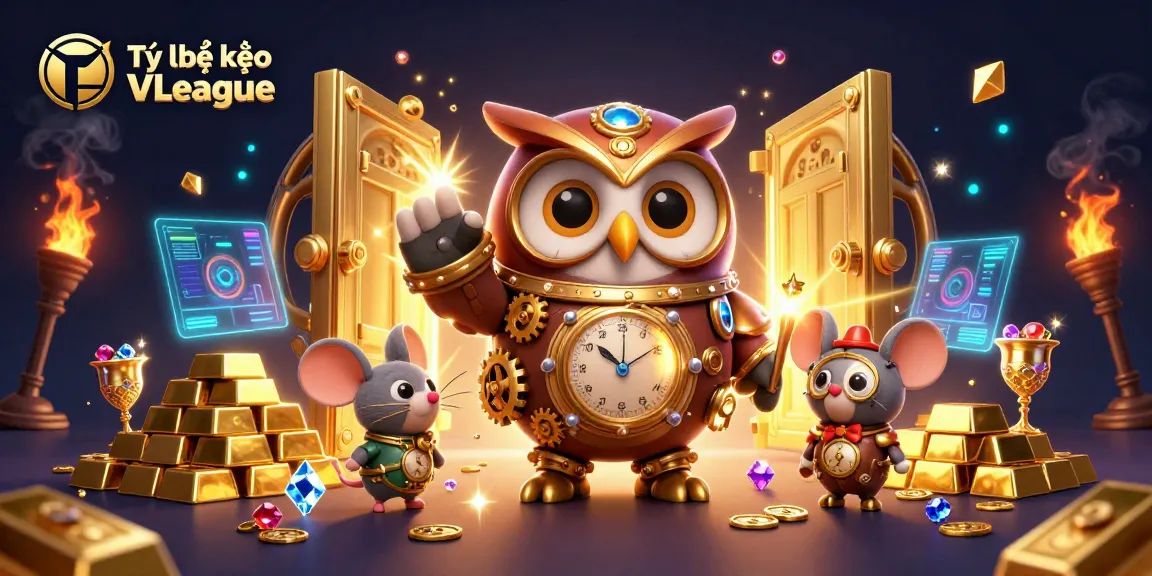 Tỷ lệ kèo V-League illustrated by a steampunk owl and mouse with casino treasures and dynamic effects.