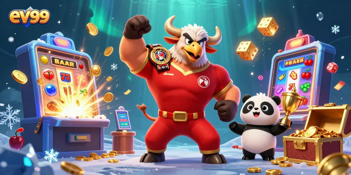 Experience excitement with ev99 at the casino featuring vibrant characters, jackpots, and celebratory elements.