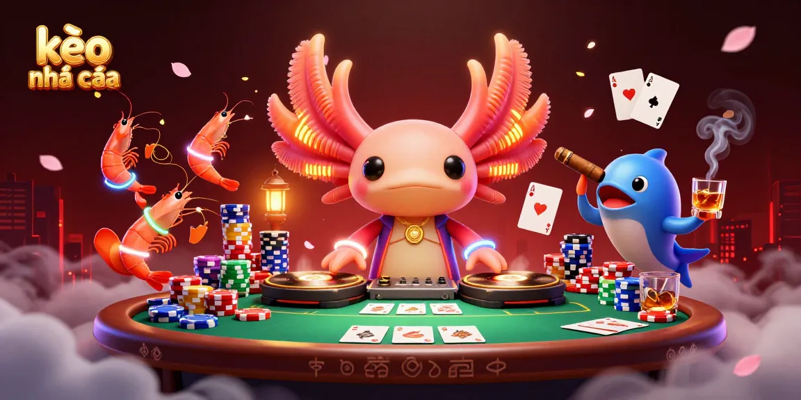Engage with the kèo nhà cái betting scene vividly illustrated, featuring a neon axolotl DJ and vibrant poker elements.