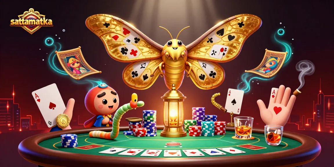 Engage in sattamattka with vibrant golden moth illustration, poker elements, and casino glamour.