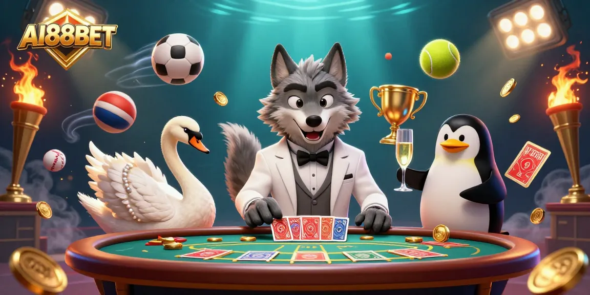 Experience thrilling baccarat action at AI88BET with charming characters dealing cards and presenting champagne.